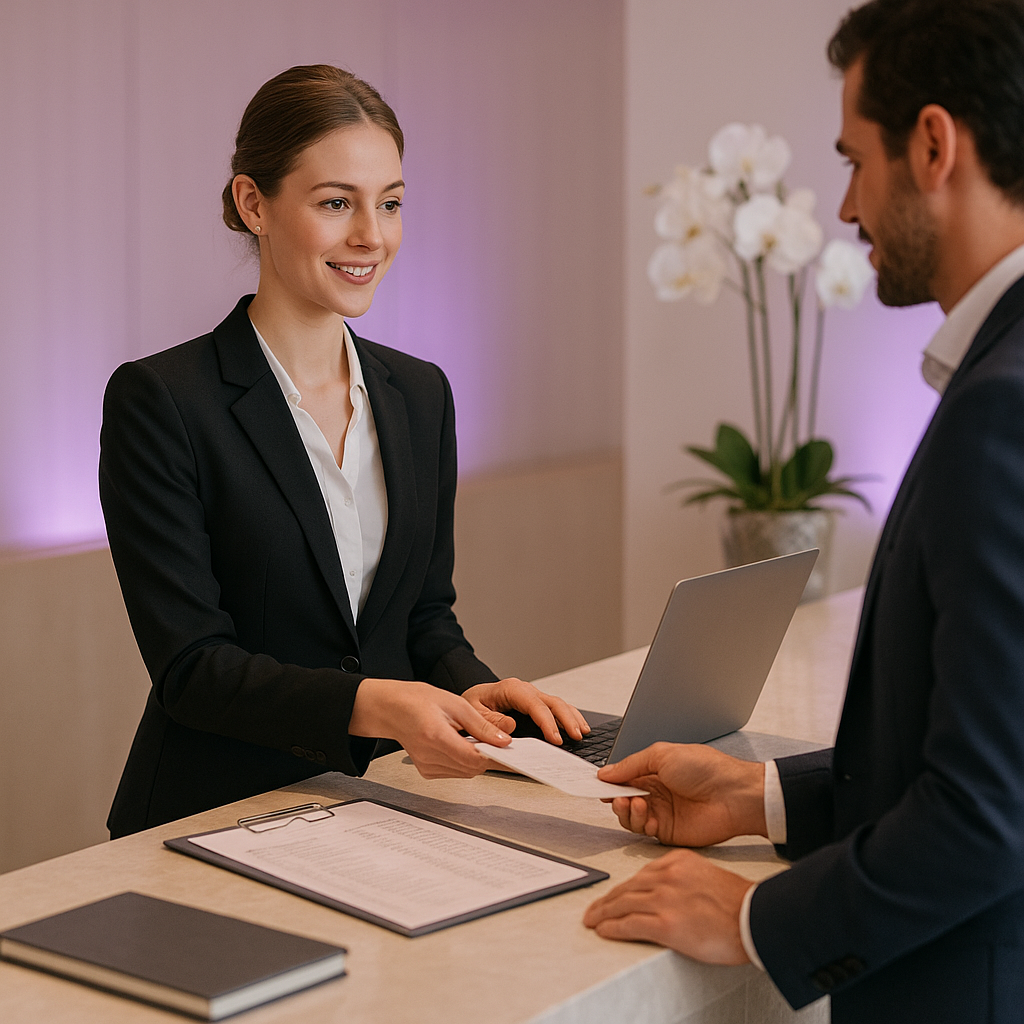 Corporate event attendance logistics — professional check-in desk managed by CARSAL Guest Liaison